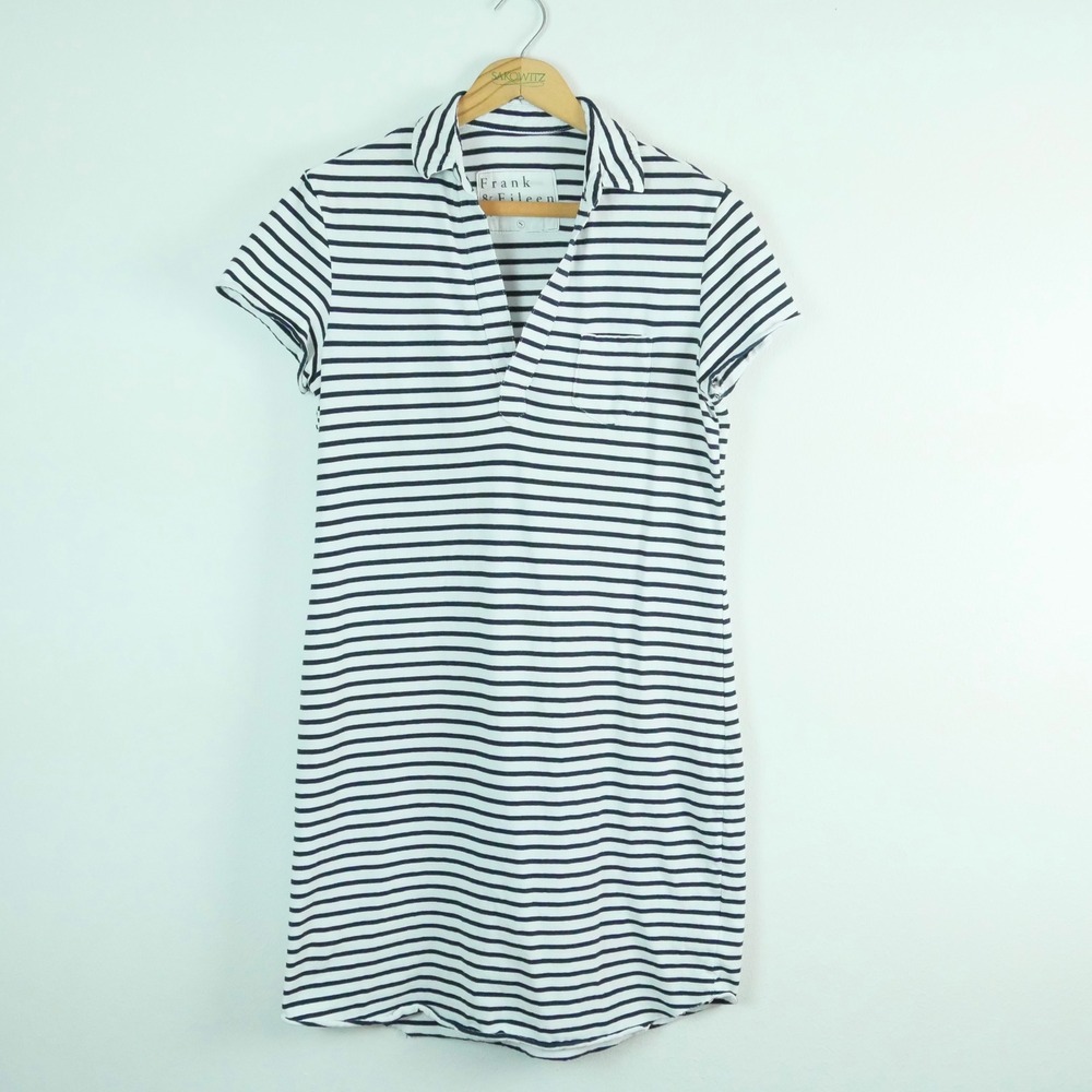 Frank & Eileen Lauren Polo Dress Striped Navy White Small Short Sleeve Pocket